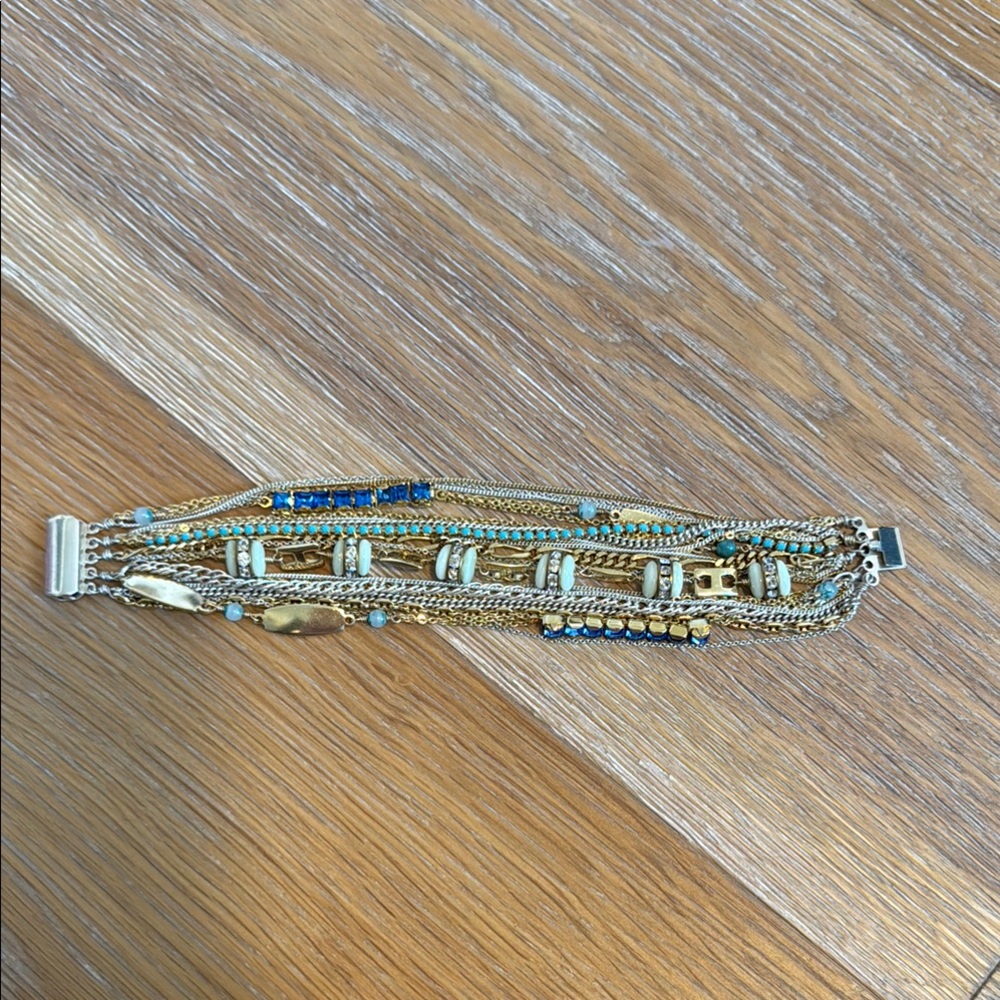 Multi strand layered chain, bead and rhinestone bracelet gold and silver